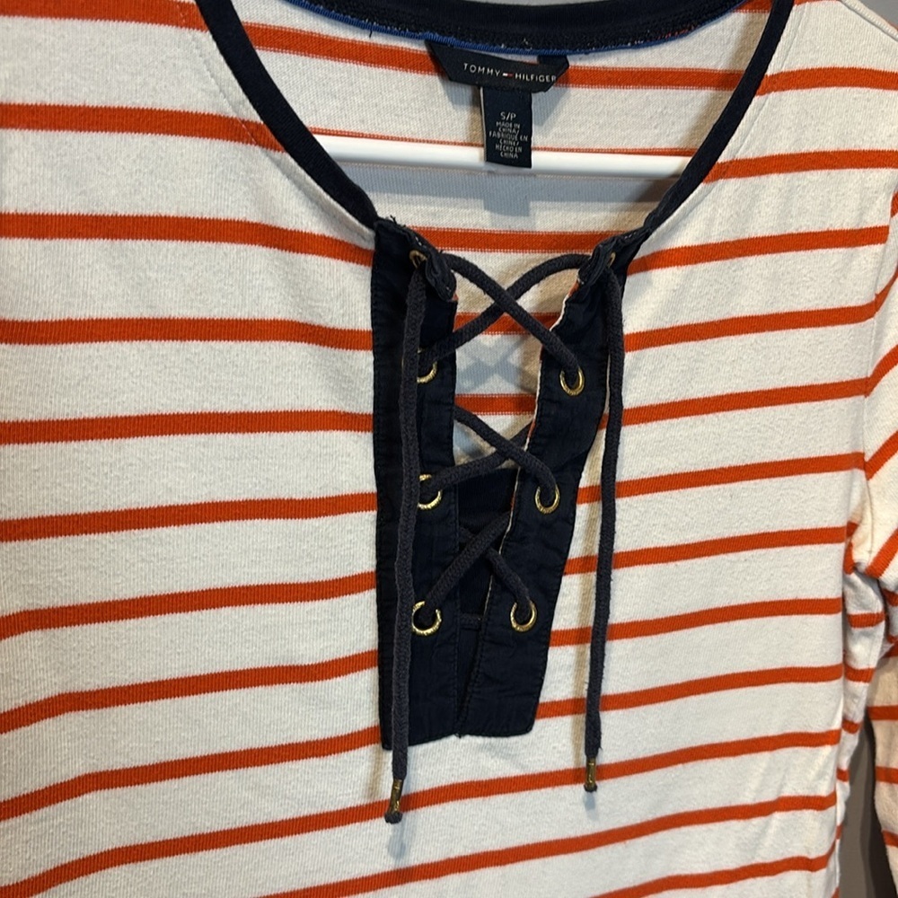 Tommy Hilfiger Orange, Navy And White Striped Lace Up Top - Picture 4 of 6